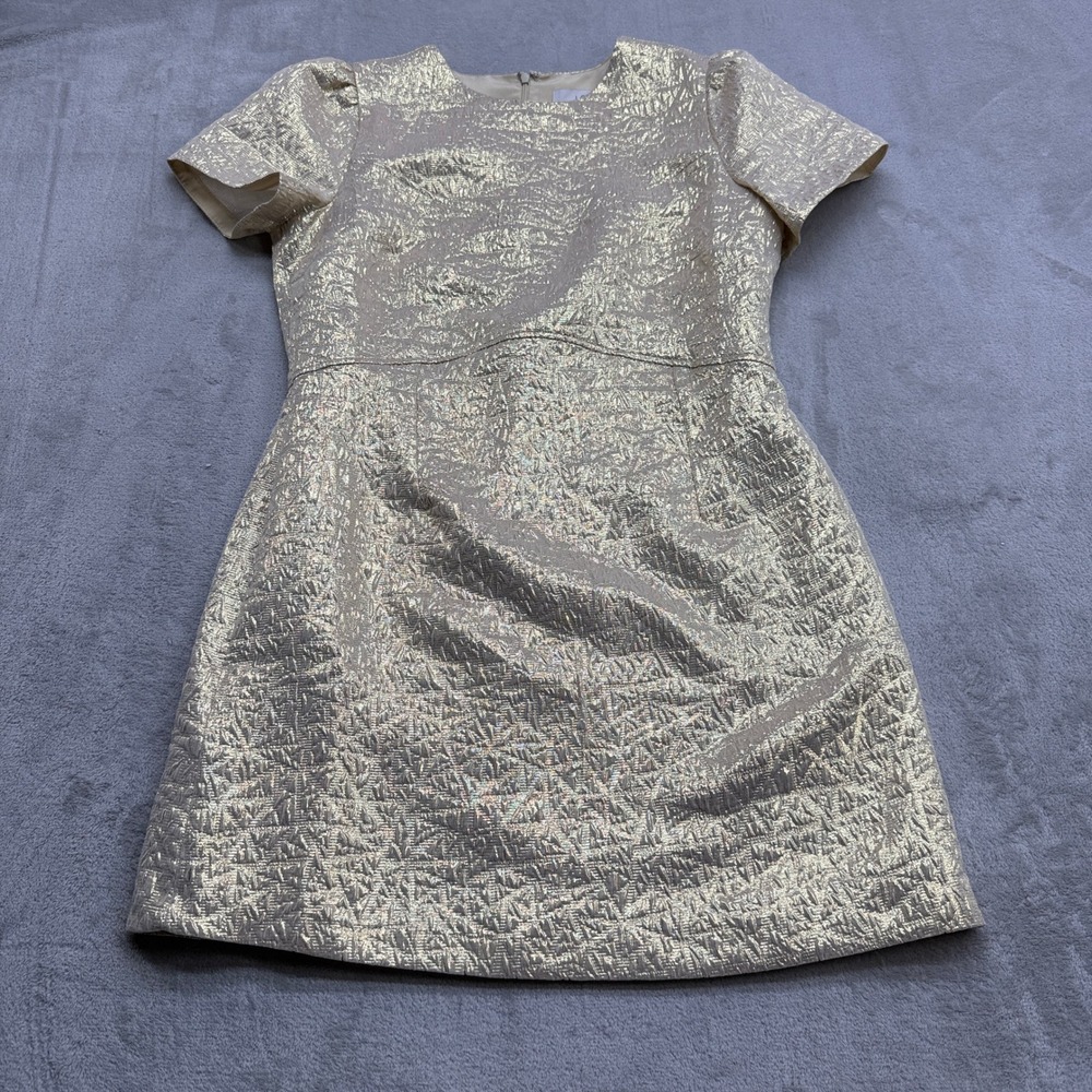 LOFT Dress Womens 6 Gold Metallic Jacquard Short Sleeve Puff Shift Cocktail Glam